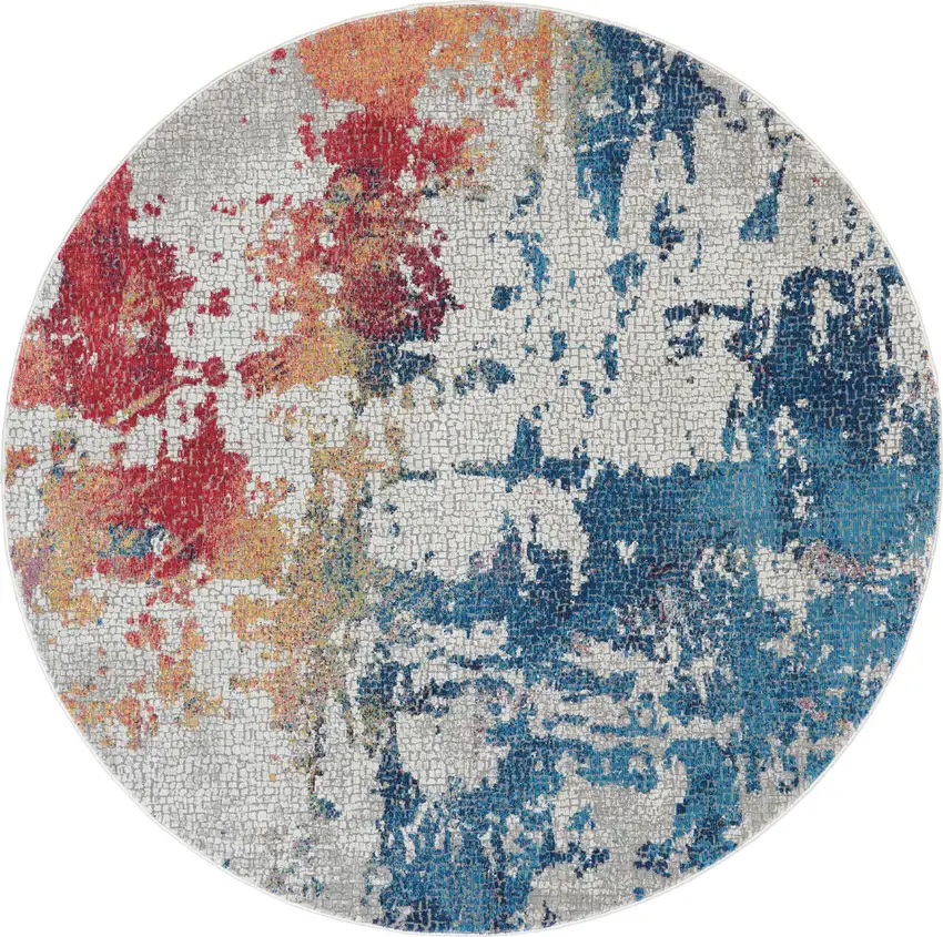 6' Ivory Red and Blue Abstract Distressed Non Skid Round Rug Photo 1