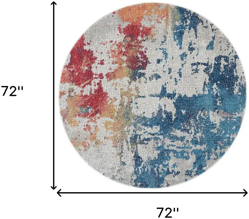 6' Ivory Red and Blue Abstract Distressed Non Skid Round Rug Photo 3