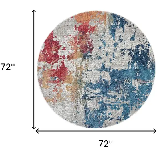 6' Ivory Red and Blue Abstract Distressed Non Skid Round Rug Photo 3