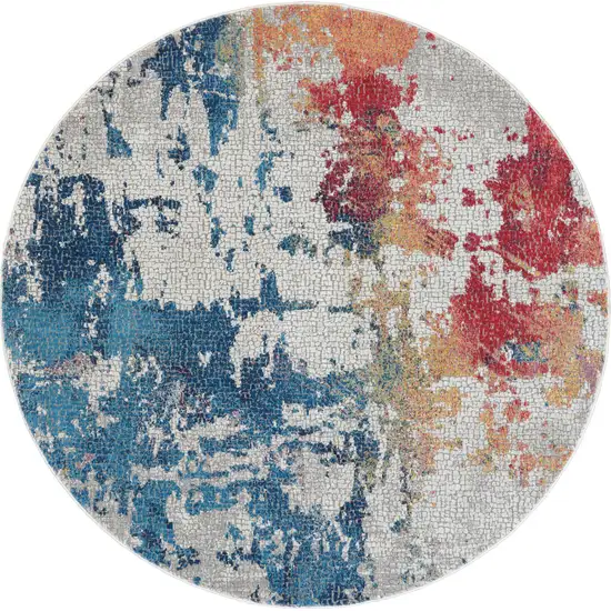 6' Ivory Red and Blue Abstract Distressed Non Skid Round Rug Photo 4