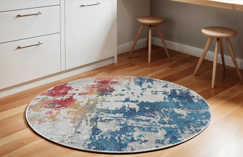 6' Ivory Red and Blue Abstract Distressed Non Skid Round Rug Photo 1