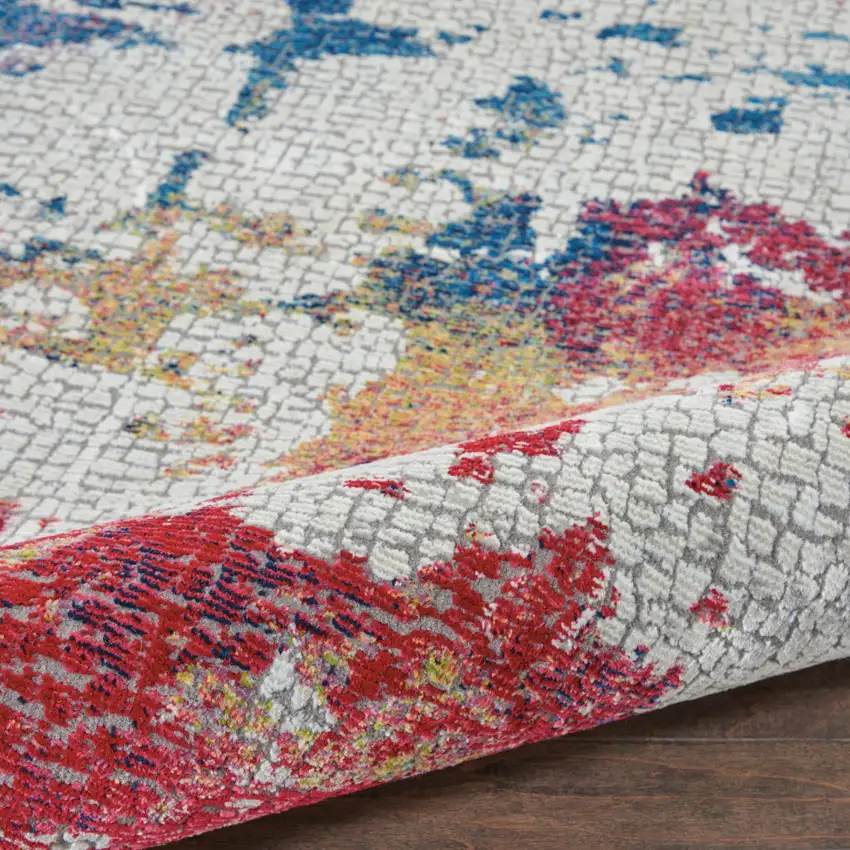 6' Ivory Red and Blue Abstract Distressed Non Skid Round Rug Photo 6