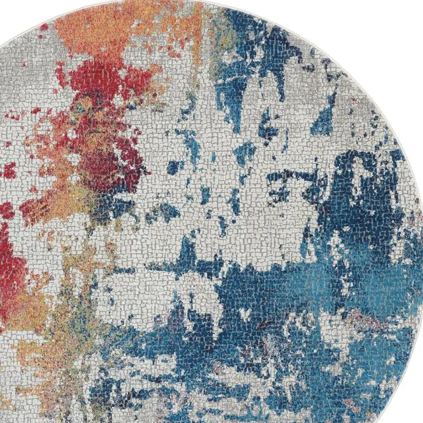 6' Ivory Red and Blue Abstract Distressed Non Skid Round Rug Photo 3