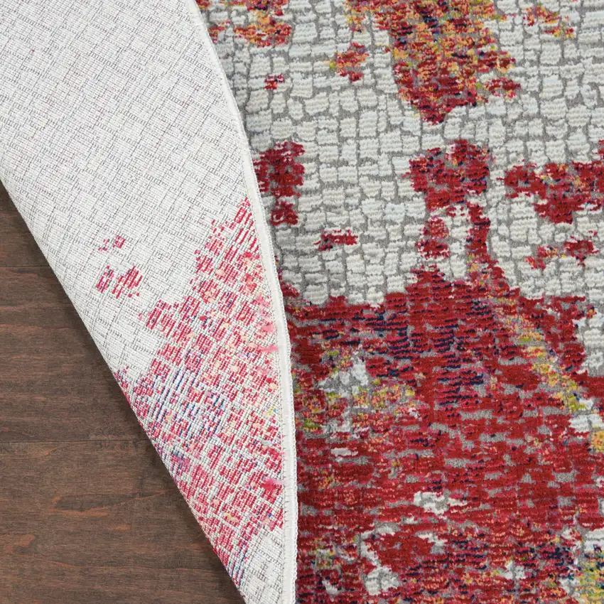 6' Ivory Red and Blue Abstract Distressed Non Skid Round Rug Photo 9