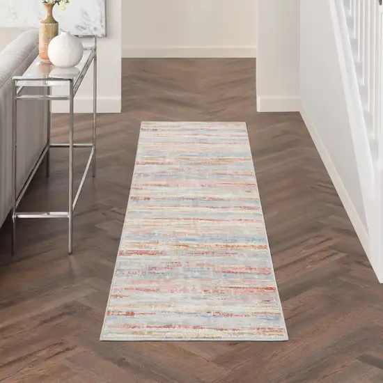 8' Ivory Red and Blue Abstract Non Skid Runner Rug Photo 3