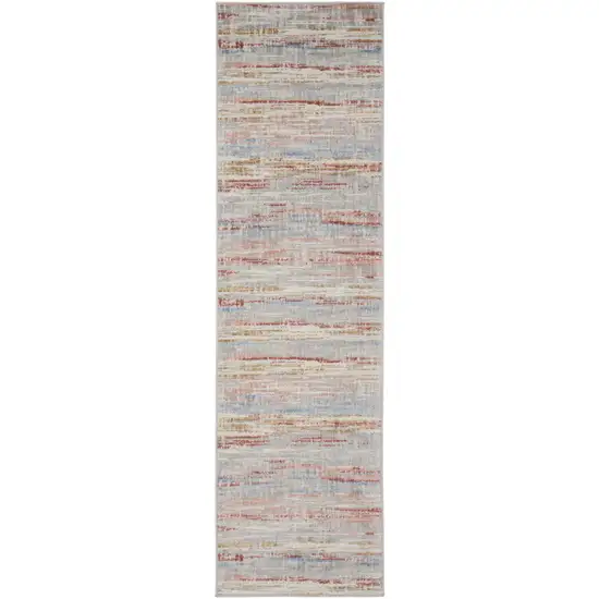 8' Ivory Red and Blue Abstract Non Skid Runner Rug Photo 1