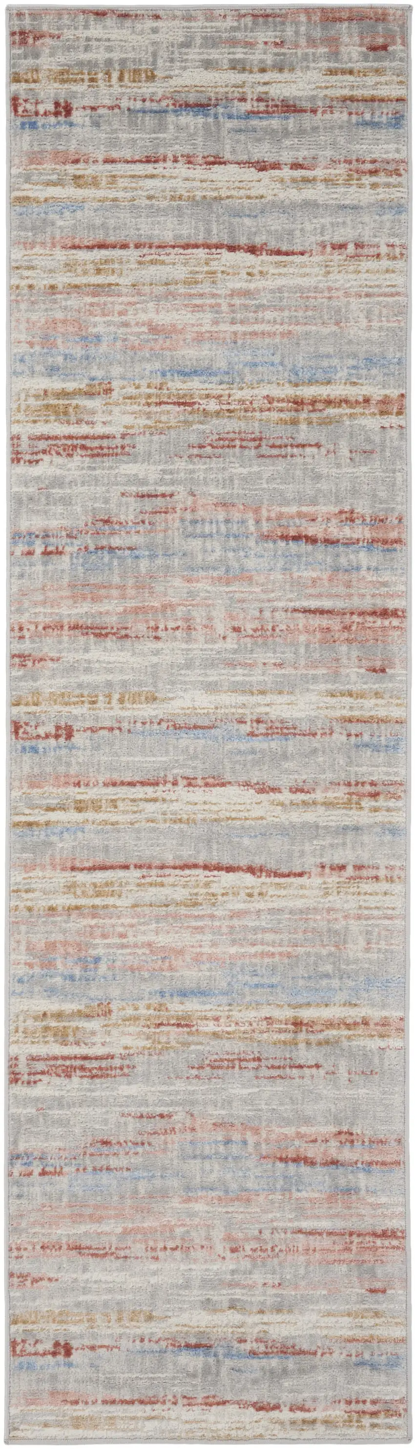 8' Ivory Red and Blue Abstract Non Skid Runner Rug Photo 1