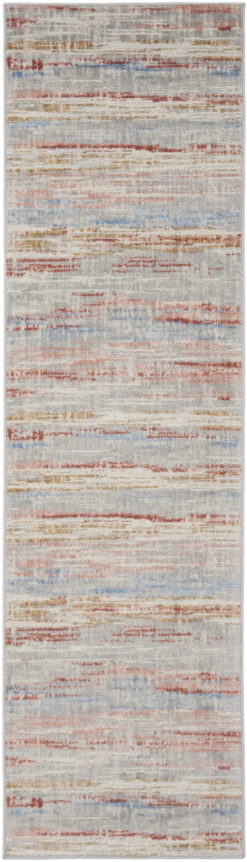 8' Ivory Red and Blue Abstract Non Skid Runner Rug Photo 2