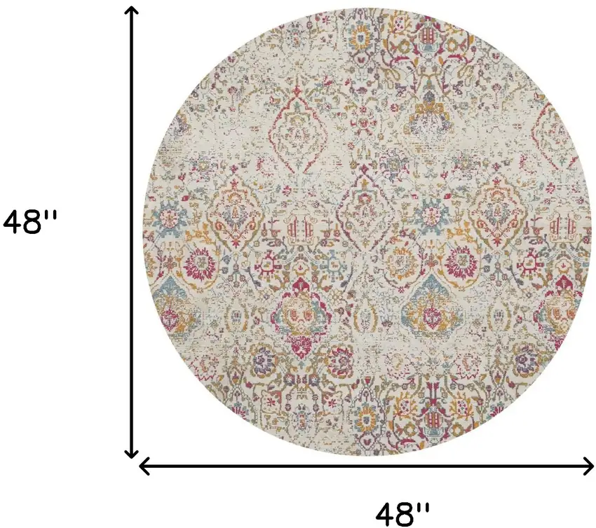 4' Ivory Red and Blue Damask Distressed Round Rug Photo 3