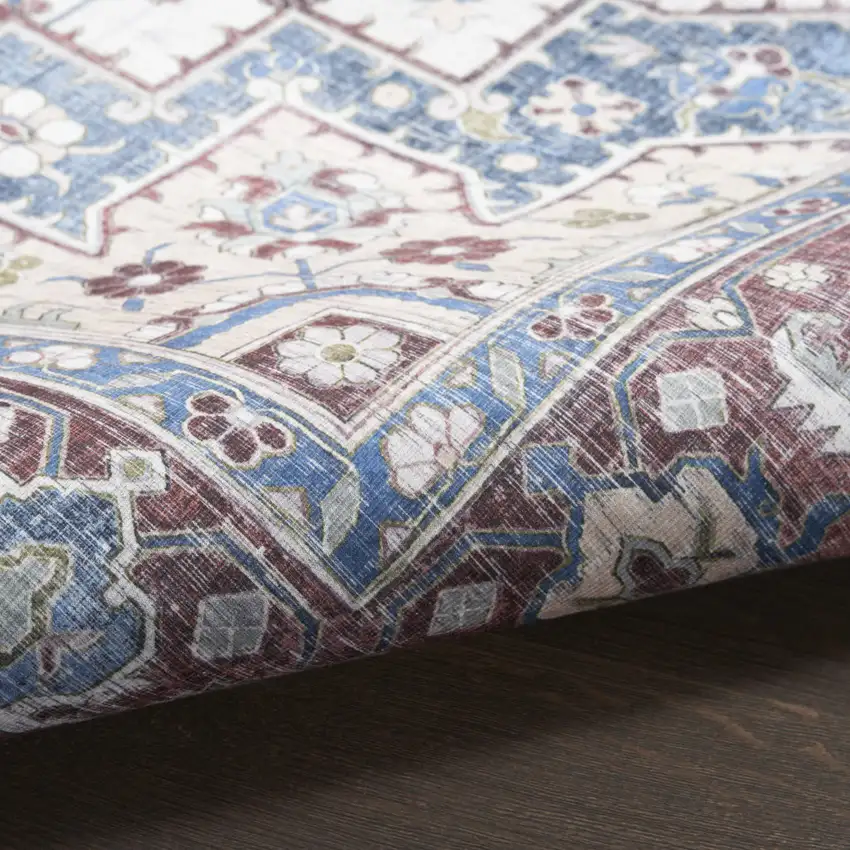8' Ivory Red and Blue Medallion Distressed Non Skid Runner Rug Photo 6