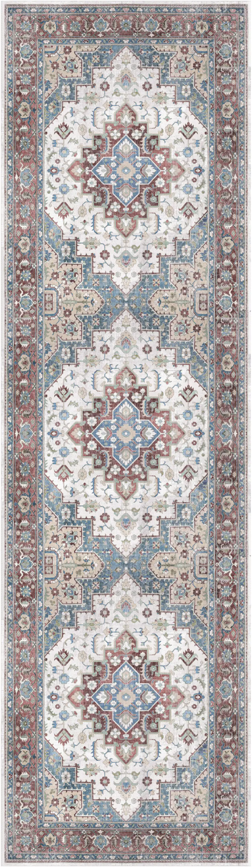 8' Ivory Red and Blue Medallion Distressed Non Skid Runner Rug Photo 2