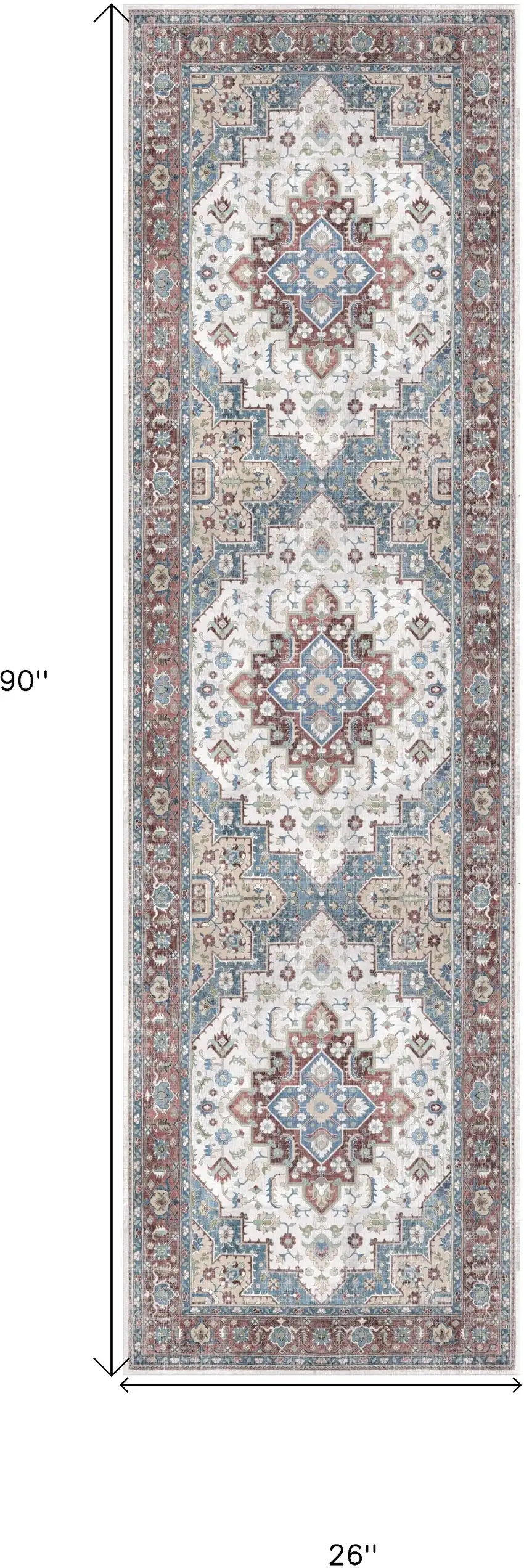 8' Ivory Red and Blue Medallion Distressed Non Skid Runner Rug Photo 3