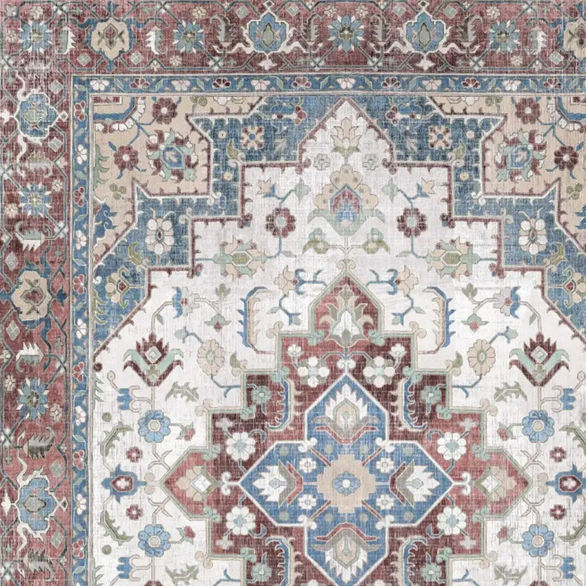 8' Ivory Red and Blue Medallion Distressed Non Skid Runner Rug Photo 8