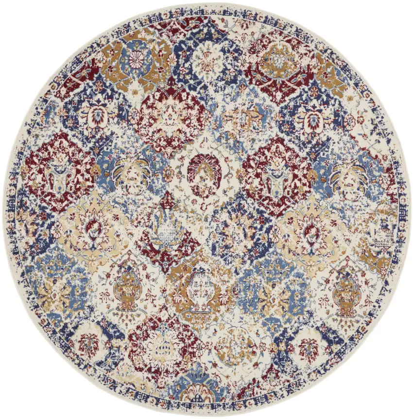 5' Ivory Red and Blue Ogee Distressed Non Skid Round Rug Photo 4