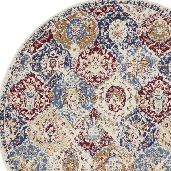 5' Ivory Red and Blue Ogee Distressed Non Skid Round Rug Photo 1