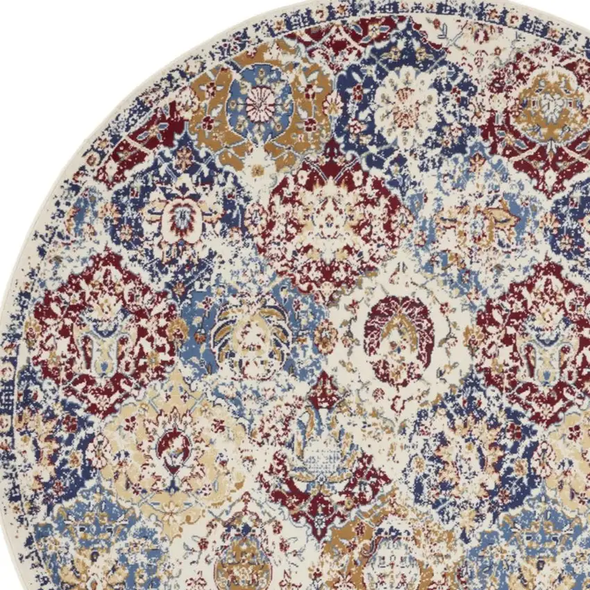 5' Ivory Red and Blue Ogee Distressed Non Skid Round Rug Photo 1