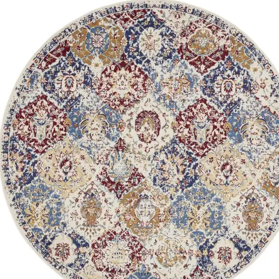 5' Ivory Red and Blue Ogee Distressed Non Skid Round Rug Photo 3