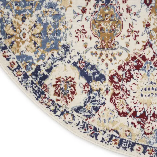5' Ivory Red and Blue Ogee Distressed Non Skid Round Rug Photo 8