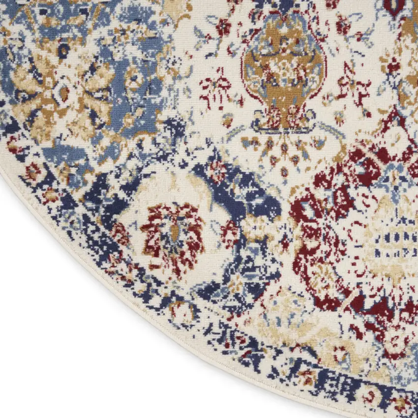 5' Ivory Red and Blue Ogee Distressed Non Skid Round Rug Photo 8