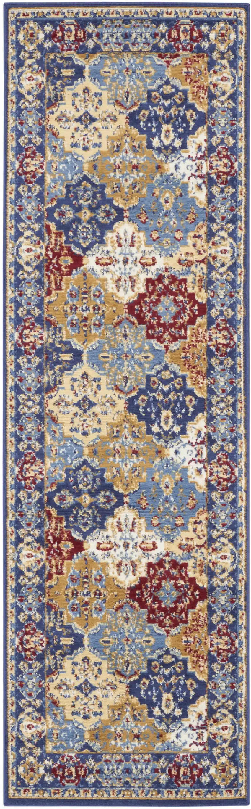 6' Ivory Red and Blue Ogee Distressed Non Skid Runner Rug Photo 4
