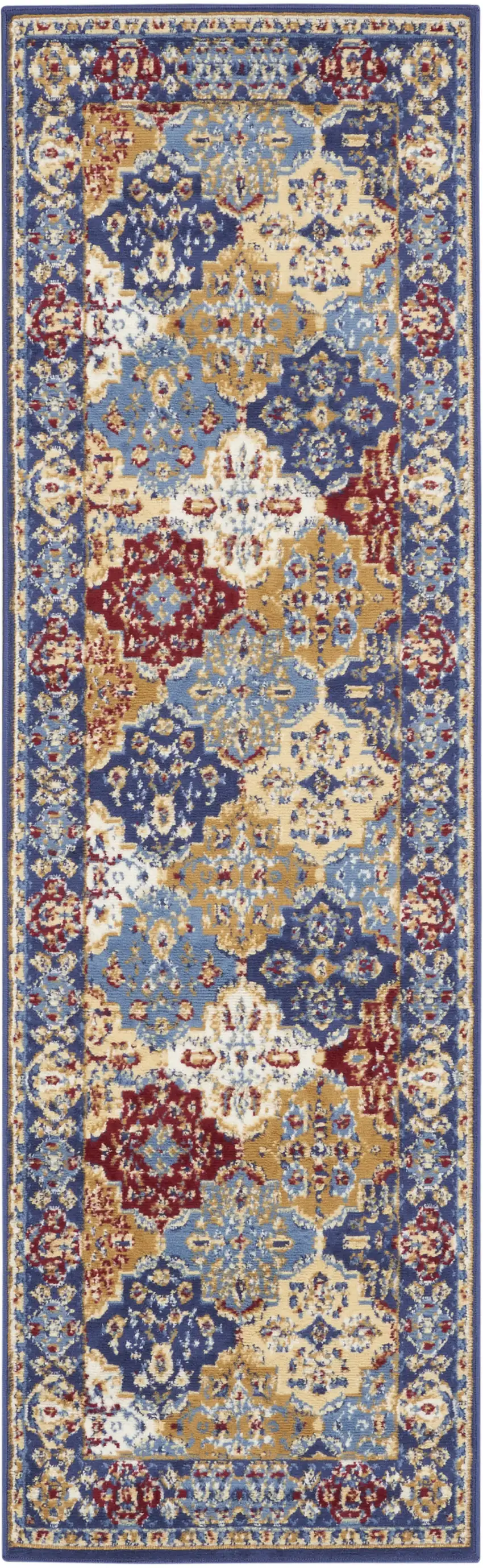 6' Ivory Red and Blue Ogee Distressed Non Skid Runner Rug Photo 5