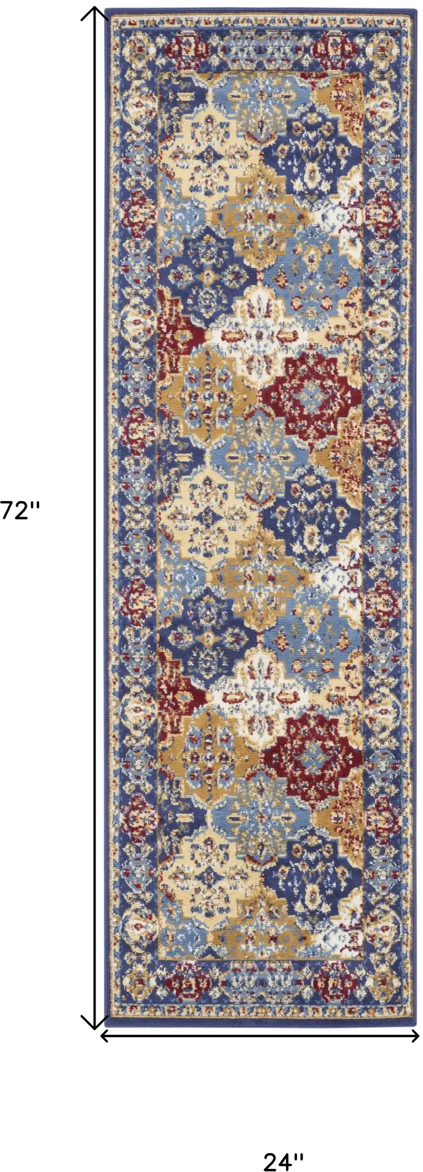 6' Ivory Red and Blue Ogee Distressed Non Skid Runner Rug Photo 3