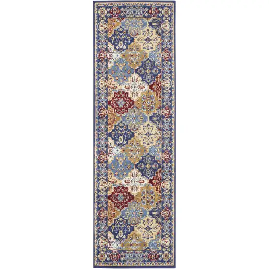 6' Ivory Red and Blue Ogee Distressed Non Skid Runner Rug Photo 1