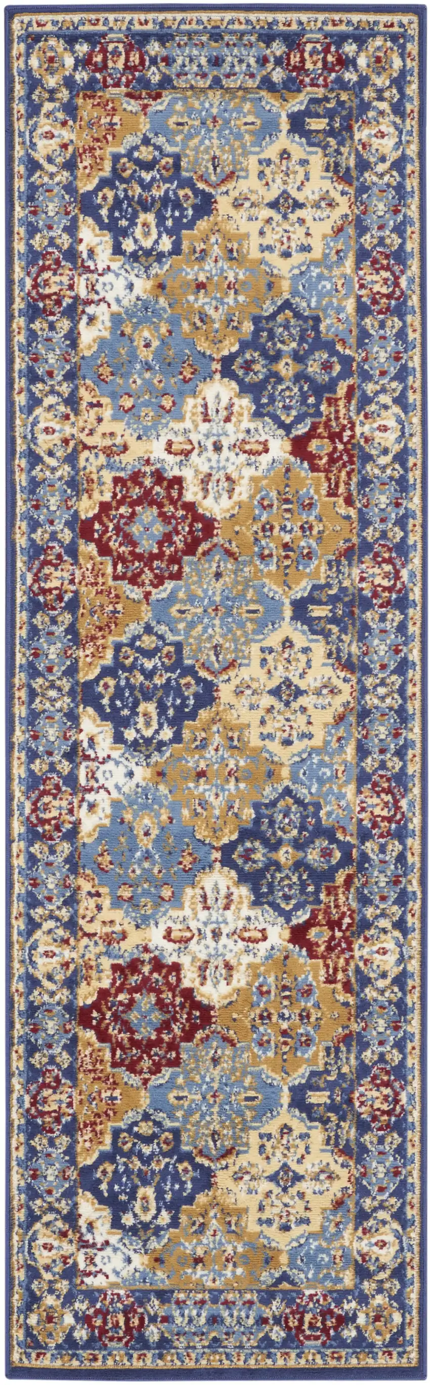 6' Ivory Red and Blue Ogee Distressed Non Skid Runner Rug Photo 1