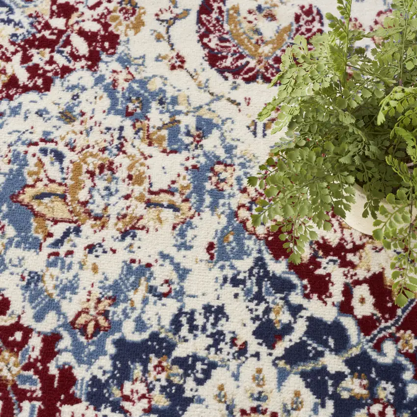 4' Ivory Red and Blue Ogee Distressed Round Rug Photo 9