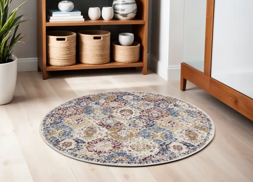 4' Ivory Red and Blue Ogee Distressed Round Rug Photo 1