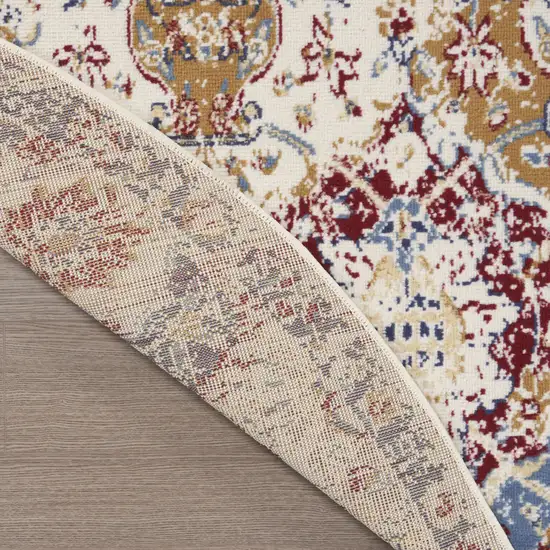 4' Ivory Red and Blue Ogee Distressed Round Rug Photo 8