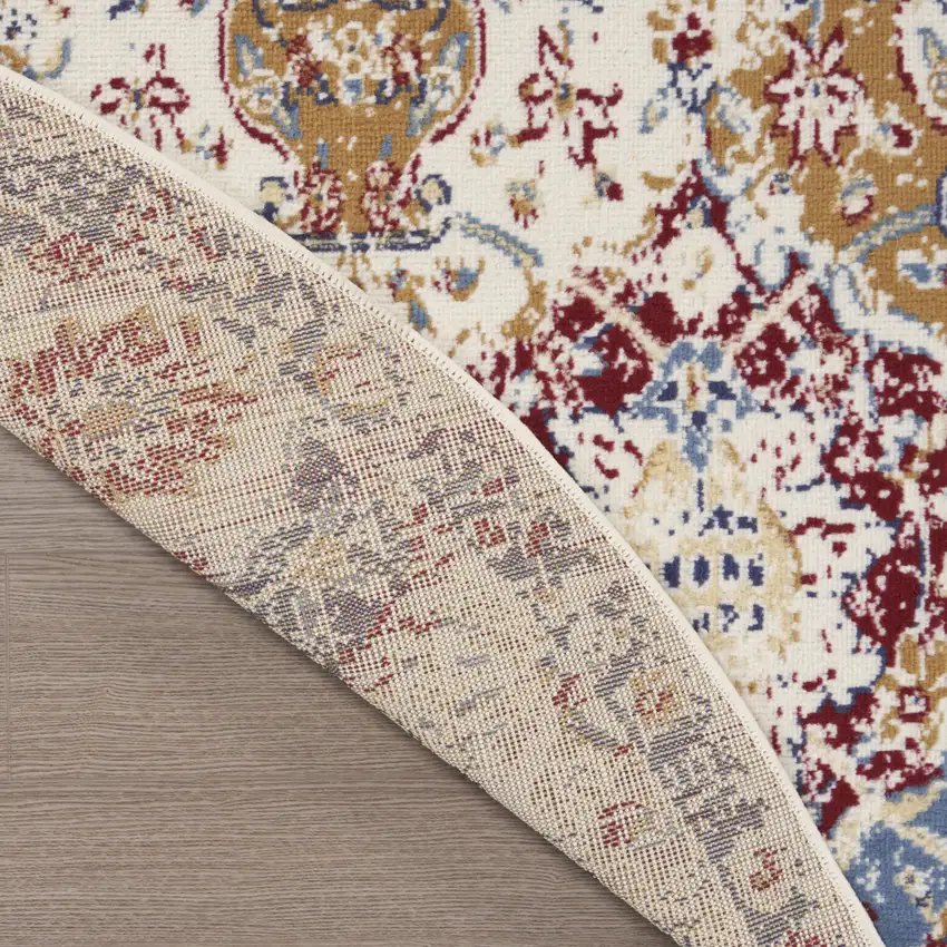 4' Ivory Red and Blue Ogee Distressed Round Rug Photo 8