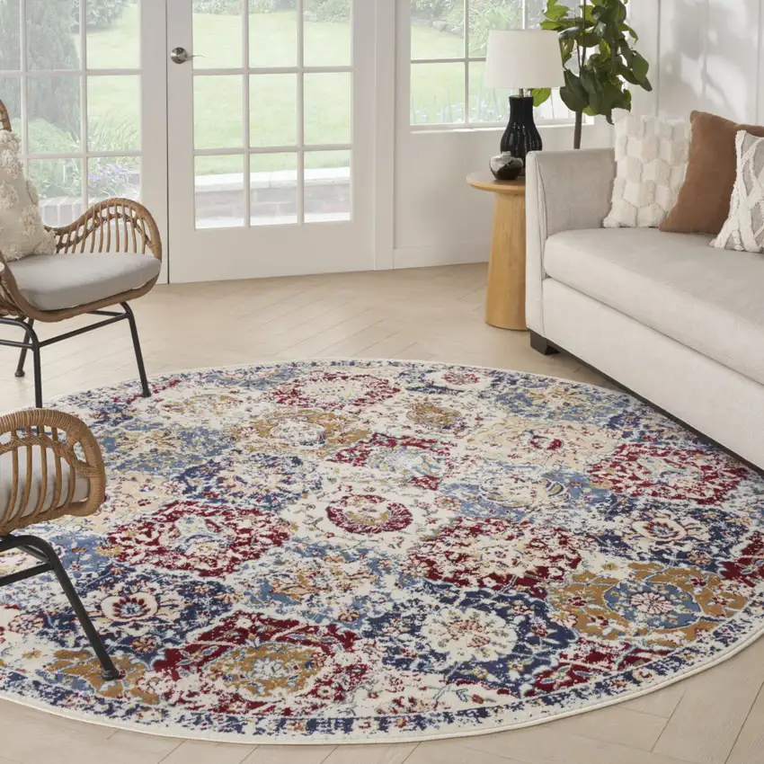 4' Ivory Red and Blue Ogee Distressed Round Rug Photo 4
