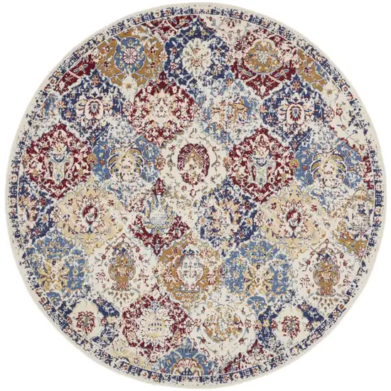 4' Ivory Red and Blue Ogee Distressed Round Rug Photo 2