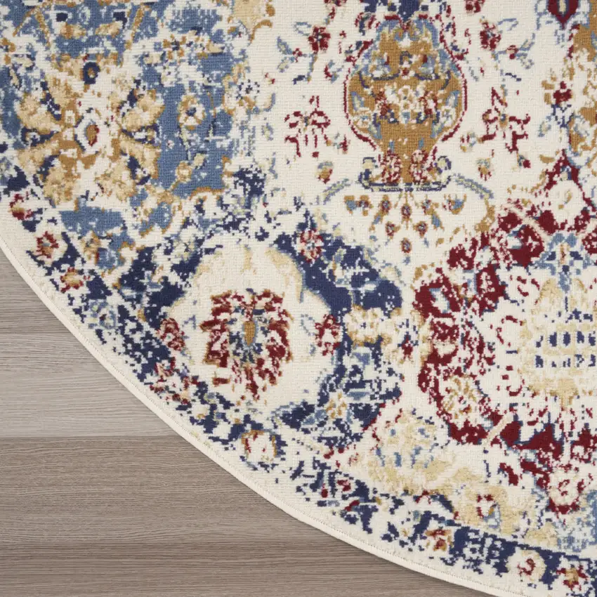 4' Ivory Red and Blue Ogee Distressed Round Rug Photo 9