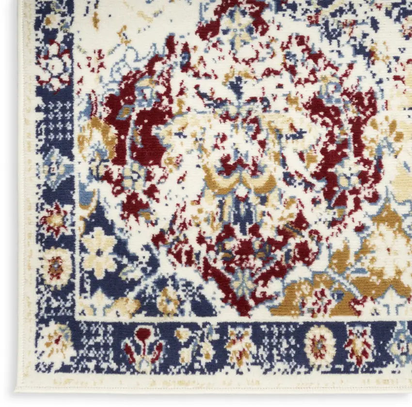 10' Ivory Red and Blue Ogee Distressed Runner Rug Photo 6