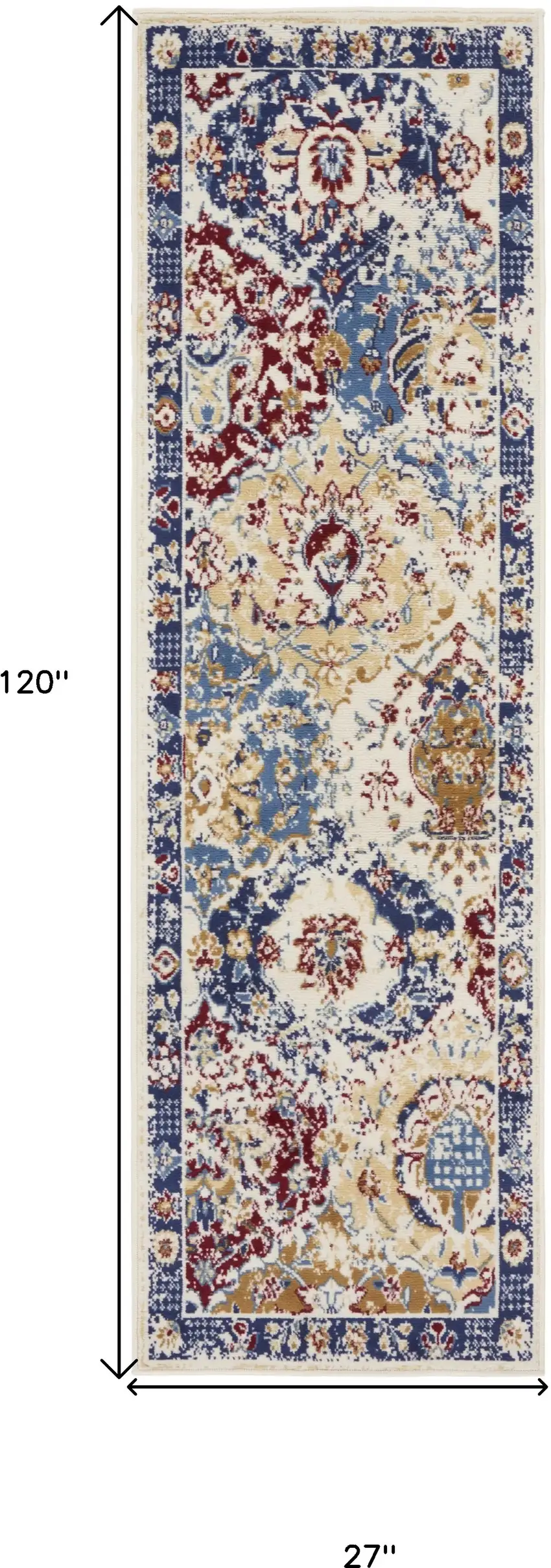 10' Ivory Red and Blue Ogee Distressed Runner Rug Photo 3