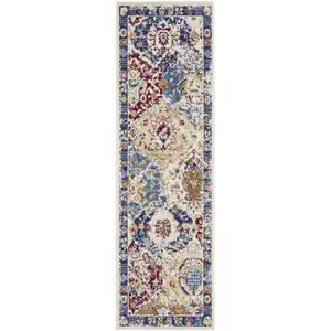 Photo of 12' Ivory Red and Blue Ogee Distressed Runner Rug