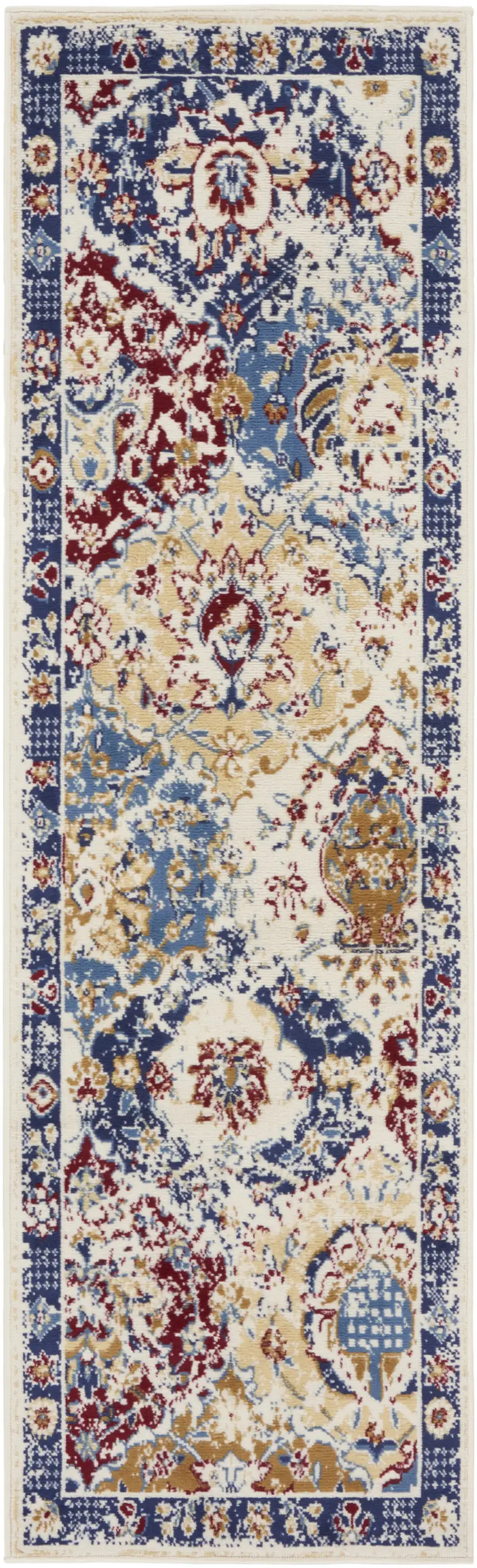 12' Ivory Red and Blue Ogee Distressed Runner Rug Photo 1