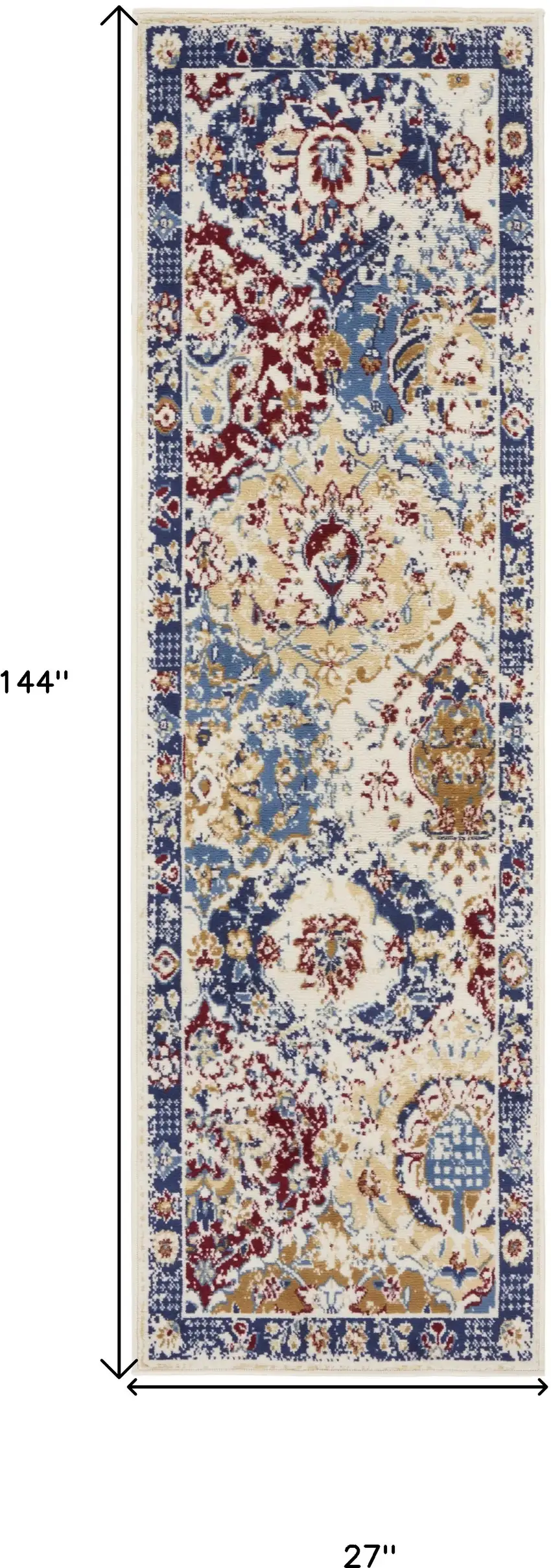 12' Ivory Red and Blue Ogee Distressed Runner Rug Photo 3
