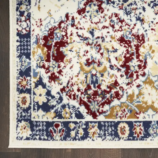 12' Ivory Red and Blue Ogee Distressed Runner Rug Photo 8