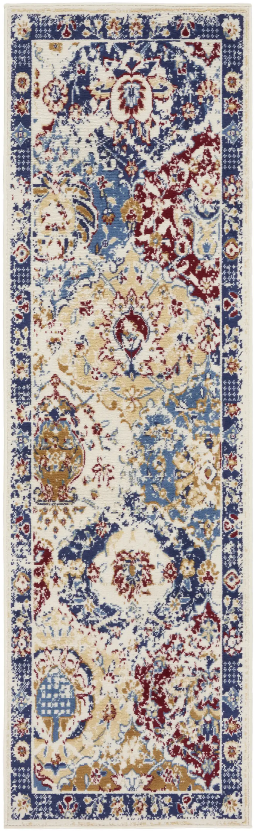 12' Ivory Red and Blue Ogee Distressed Runner Rug Photo 2