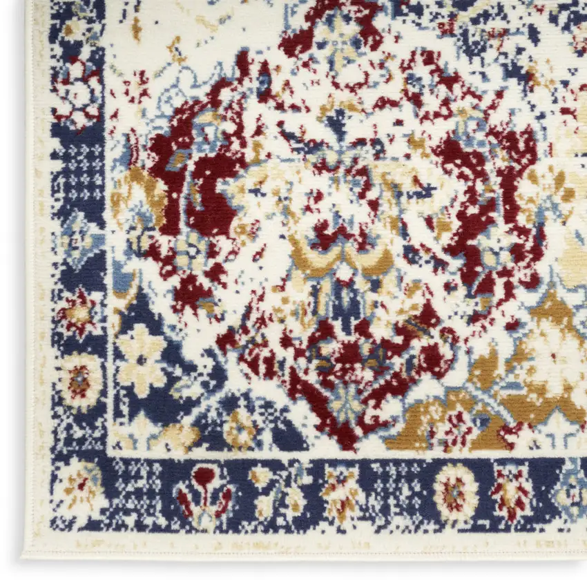6' Ivory Red and Blue Ogee Distressed Runner Rug Photo 4