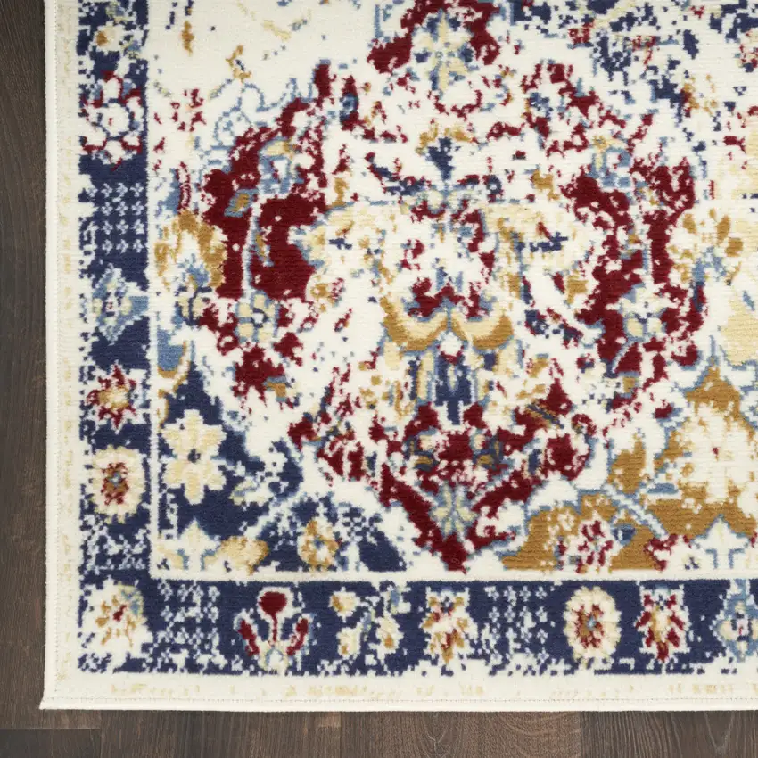 6' Ivory Red and Blue Ogee Distressed Runner Rug Photo 9