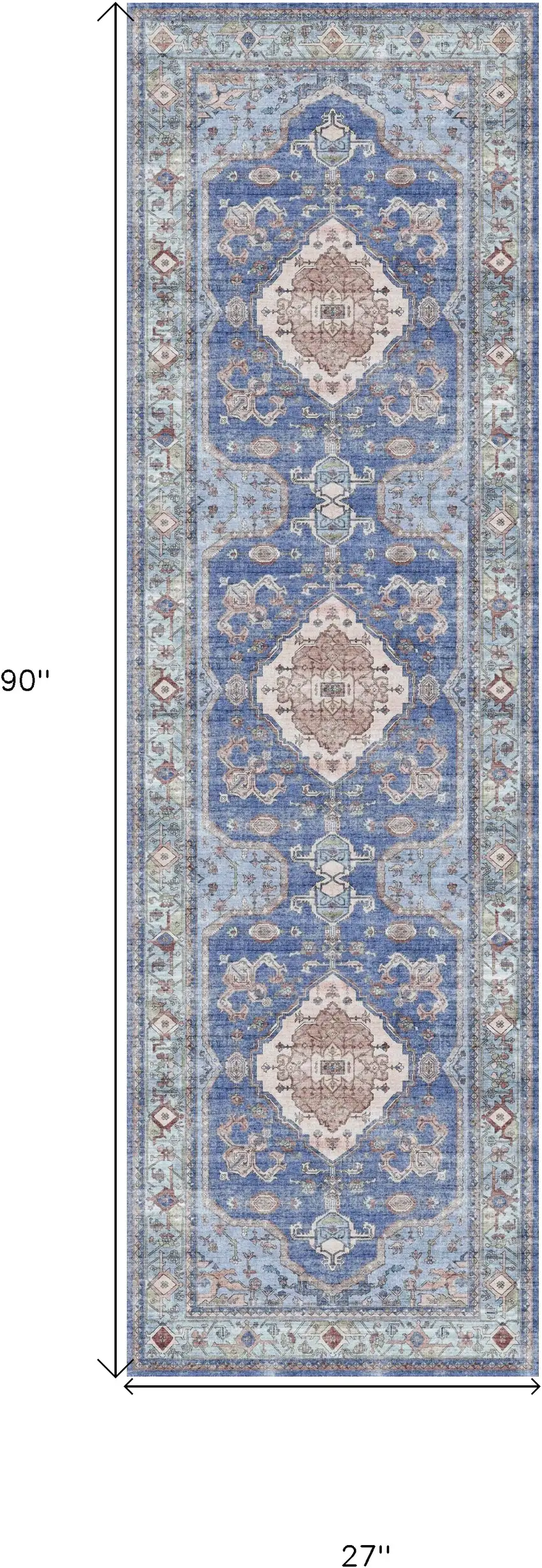 8' Ivory Red and Blue Oriental Distressed Non Skid Runner Rug Photo 3