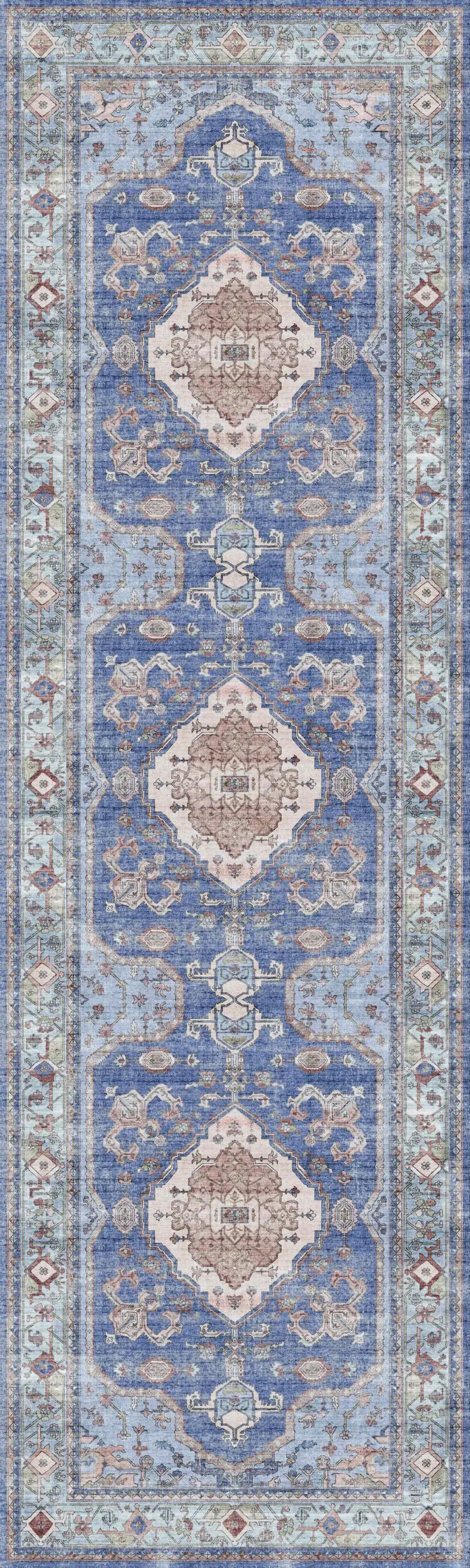 8' Ivory Red and Blue Oriental Distressed Non Skid Runner Rug Photo 2
