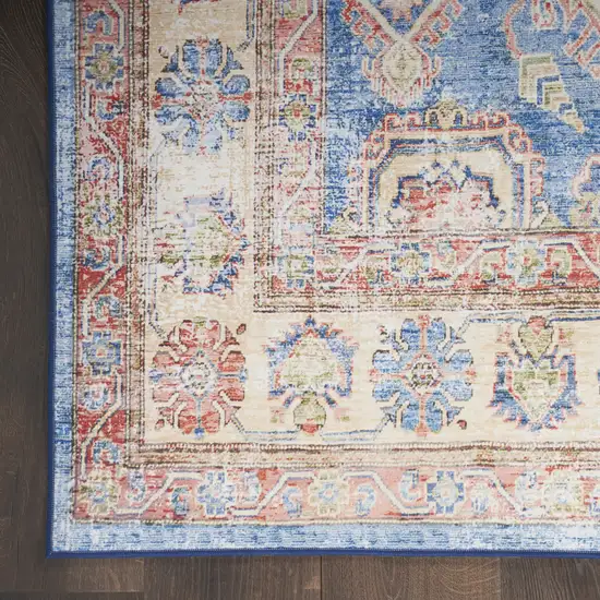 8' Ivory Red and Blue Oriental Distressed Non Skid Runner Rug Photo 9