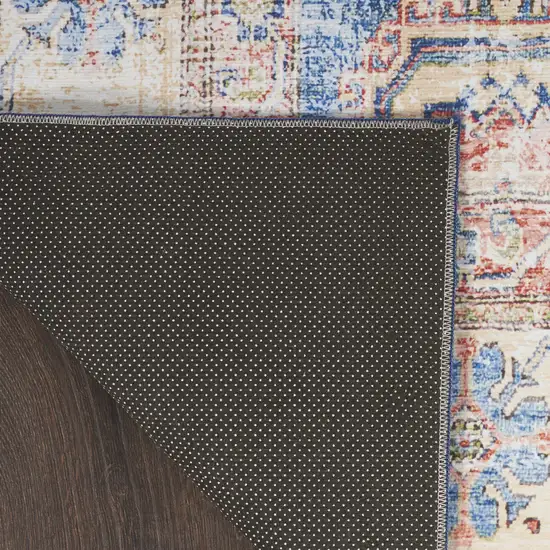 8' Ivory Red and Blue Oriental Distressed Non Skid Runner Rug Photo 9