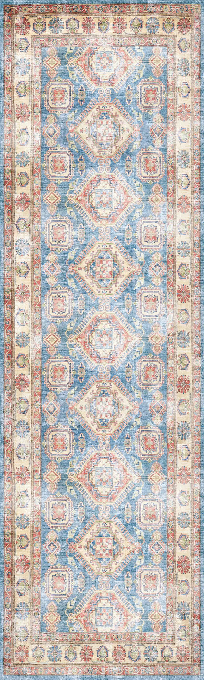 8' Ivory Red and Blue Oriental Distressed Non Skid Runner Rug Photo 2