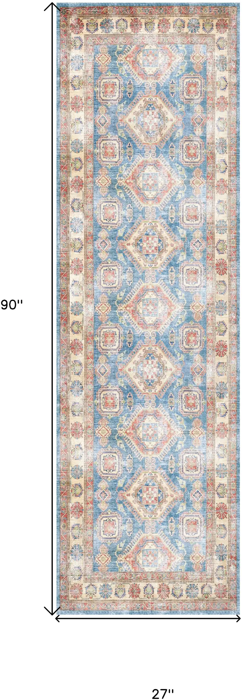 8' Ivory Red and Blue Oriental Distressed Non Skid Runner Rug Photo 3